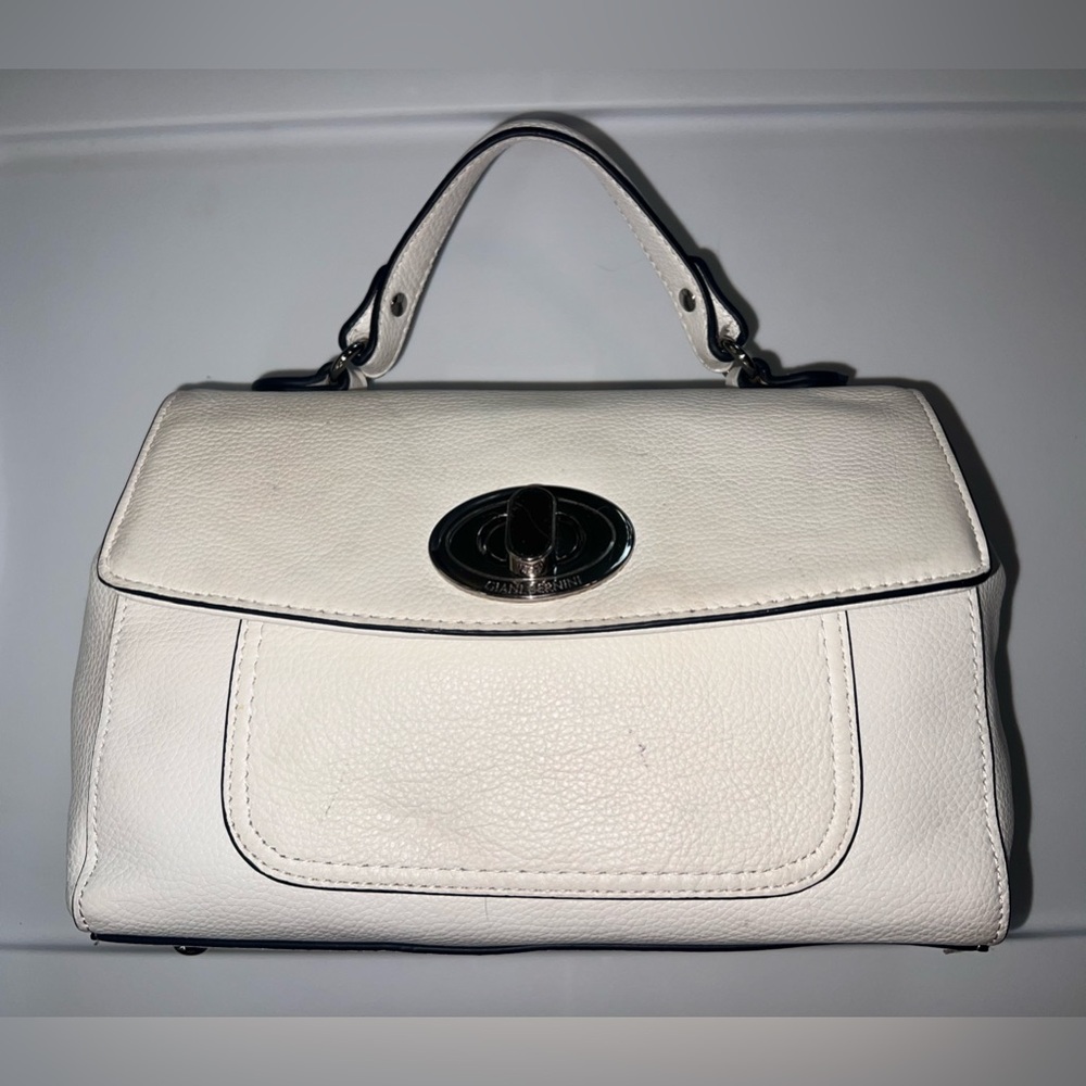 Giani Bernini White Leather Flap Top Pebbled Turn Lock Satchel Purse Bag